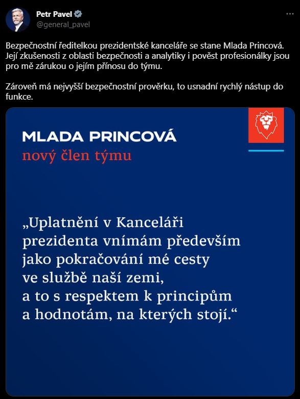 V kanceláři prezidenta bude bezpečnostní ředitelkou Princová